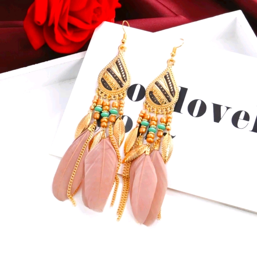 Boho Feather Dangle Drop Earrings